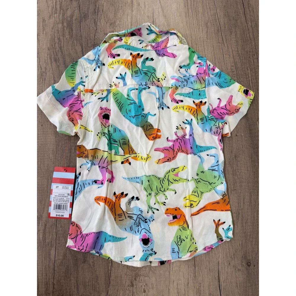 Cat & Jack Toddler Boys Dino Cream Print Short Sleeve Button Down Shirt 2T NWT